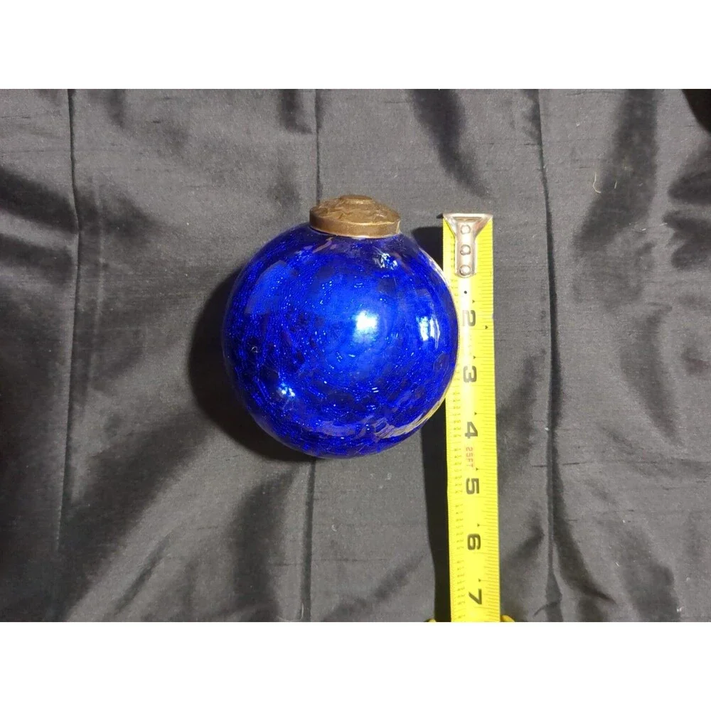 Vintage German Kugel Style Blue Ornament Brass Cap Mercury Glass Globe